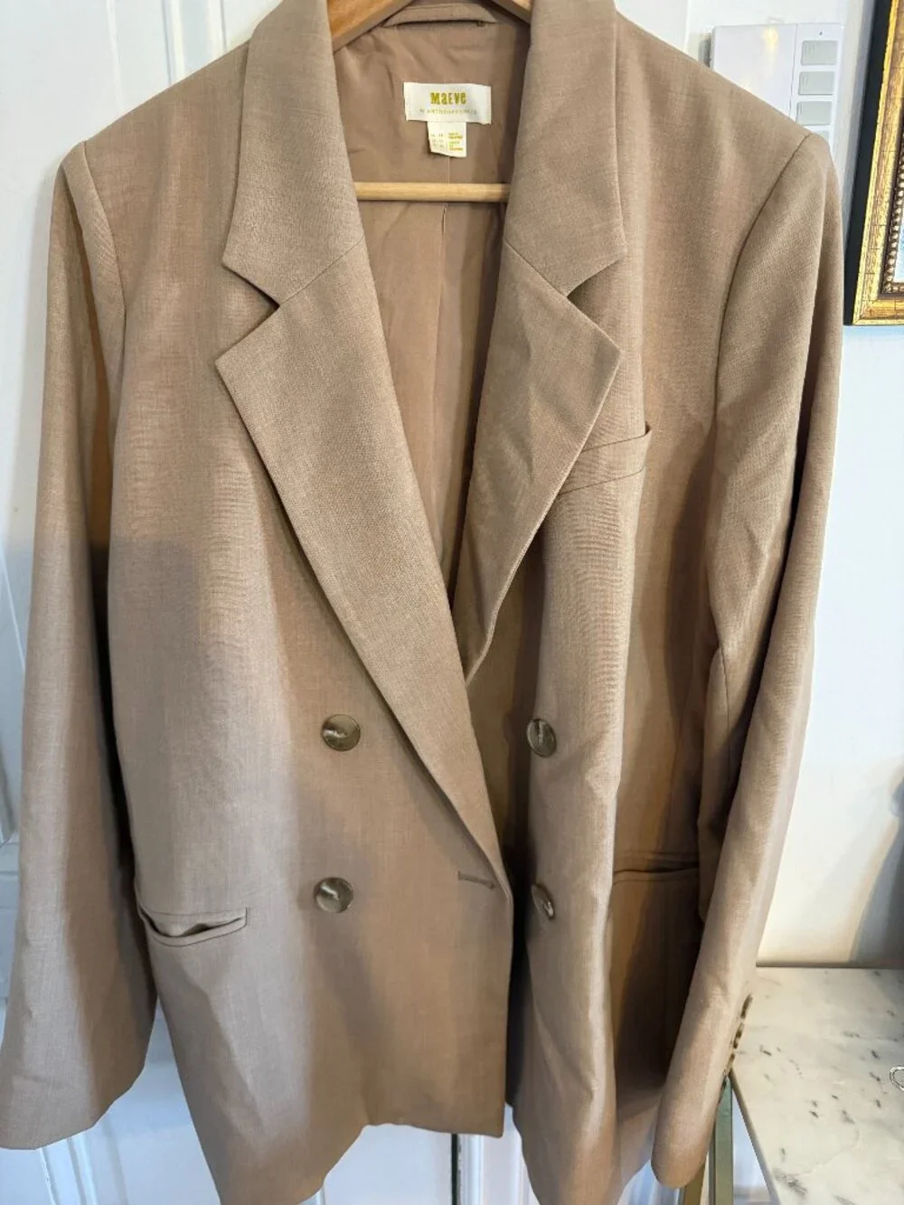 ANTHROPOLOGIE Maeve Double-Breasted Oversized Tan Beige Blazer Jacket Size 10